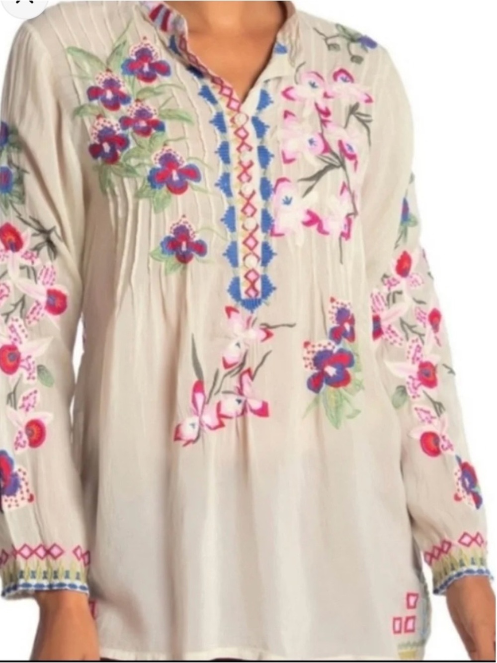 Johnny Was Cream Floral Embroidered Tropical Garden Peasant Tunic